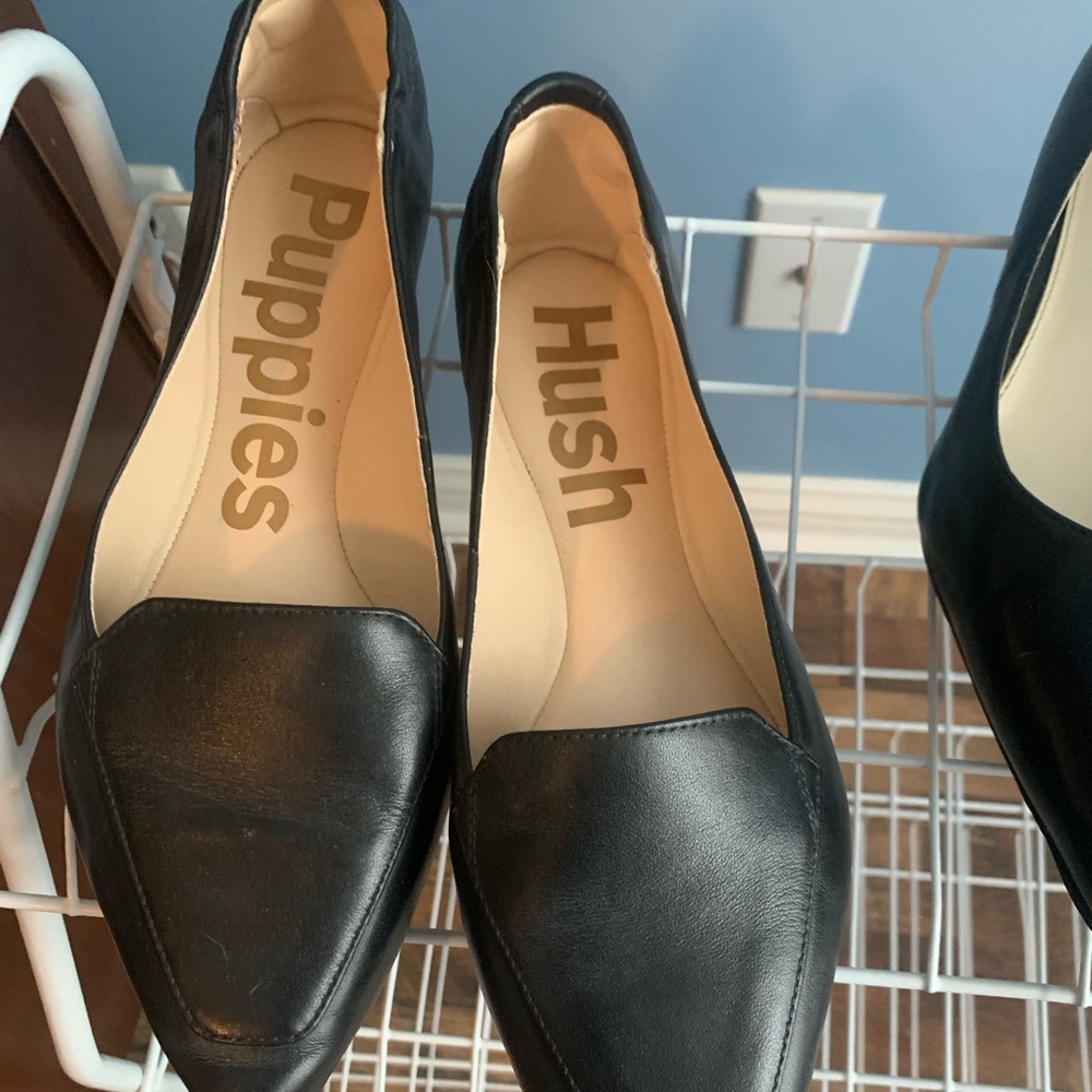 Like new, worn once, Hush puppies black flats